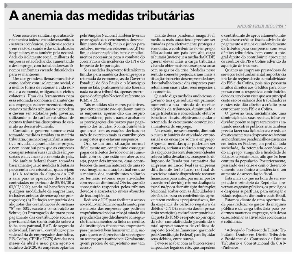 A anemia das medidas tributárias